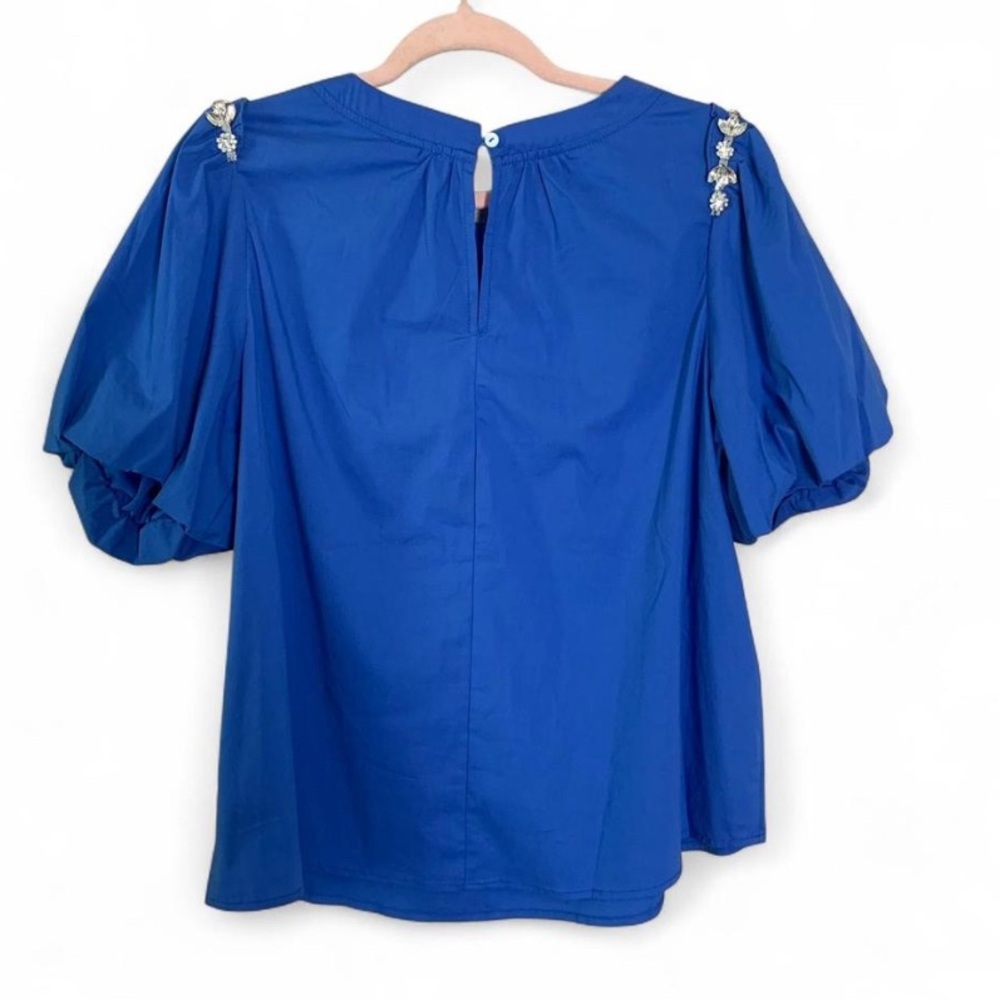 NWT VOY Blue Embellished Puff Sleeve Poplin Top - Size Large - Picture 3 of 8